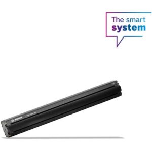Bosch PowerTube 750 E-Bike-Batterie vor weißem Hintergrund mit "The smart system"-Text.