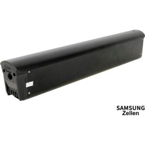 Schwarzer rechteckiger Elektrofahrrad-Akku mit der Aufschrift „Samsung Zellen“.