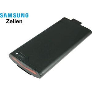 Schwarzer E-Bike-Akku mit Samsung-Zellen, rechteckiges Design, Anzeigeelemente sichtbar.