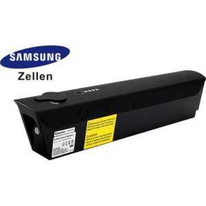 Schwarzer Elektrofahrrad-Akku mit Samsung-Zellen und Gelb-Etikett.