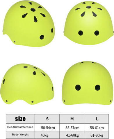 Vier gelbe Helme mit Belüftungsöffnungen in verschiedenen Ansichten und Größentabelle Vier gelbe Helme mit Belüftungsöffnungen in verschiedenen Ansichten und Größentabelle