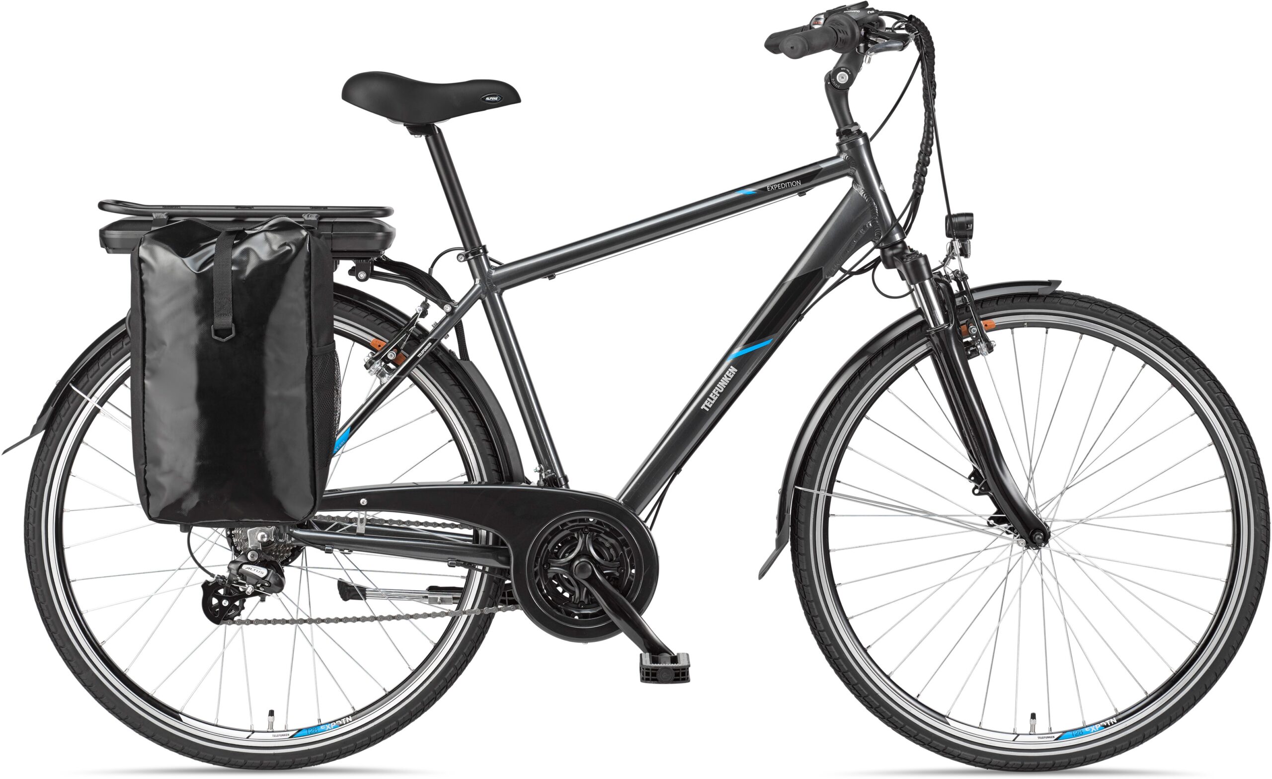 Schwarzes Trekkingrad mit Gepäcktasche und Schutzblechen auf beiden Reifen.
